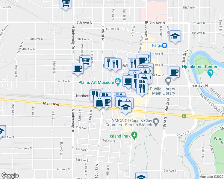 map of restaurants, bars, coffee shops, grocery stores, and more near 8 7th Street North in Fargo