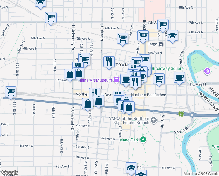 map of restaurants, bars, coffee shops, grocery stores, and more near 24 8th Street North in Fargo