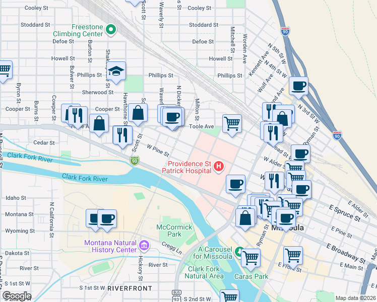 map of restaurants, bars, coffee shops, grocery stores, and more near 710 West Pine Street in Missoula
