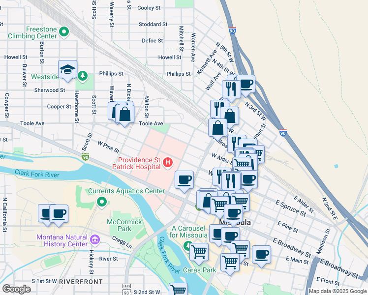 map of restaurants, bars, coffee shops, grocery stores, and more near 501 West Alder Street in Missoula