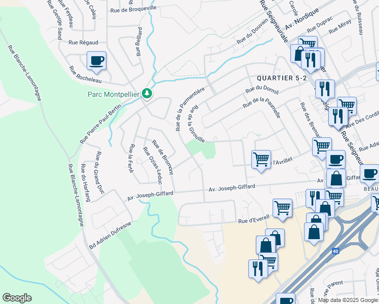 map of restaurants, bars, coffee shops, grocery stores, and more near Rue de la Parmentière in Ville de Québec