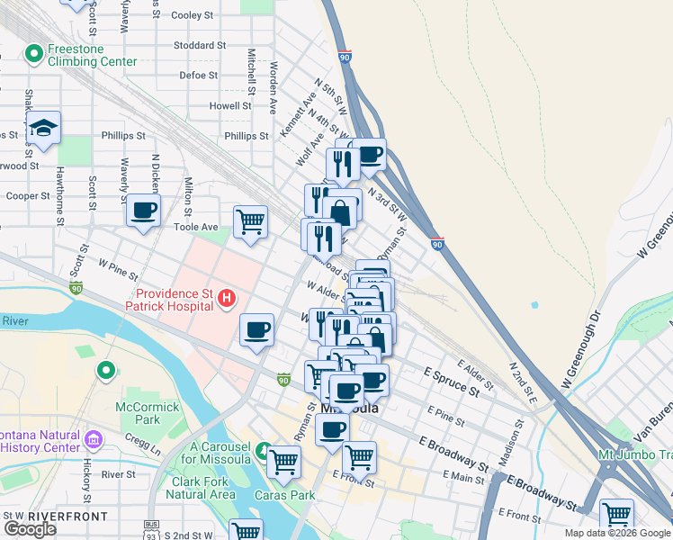 map of restaurants, bars, coffee shops, grocery stores, and more near 298 Railroad Street West in Missoula