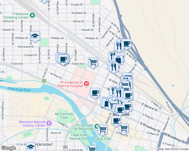 map of restaurants, bars, coffee shops, grocery stores, and more near 501 West Alder Street in Missoula