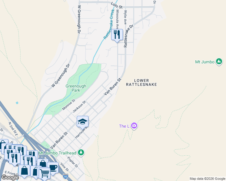 map of restaurants, bars, coffee shops, grocery stores, and more near 1520 Van Buren Street in Missoula