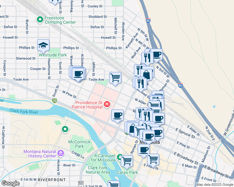 map of restaurants, bars, coffee shops, grocery stores, and more near 501 West Alder Street in Missoula