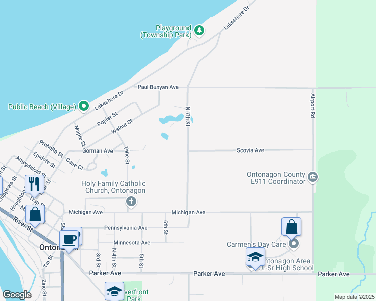 map of restaurants, bars, coffee shops, grocery stores, and more near 601 North 7th Street in Ontonagon