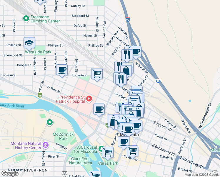map of restaurants, bars, coffee shops, grocery stores, and more near 412 West Alder Street in Missoula