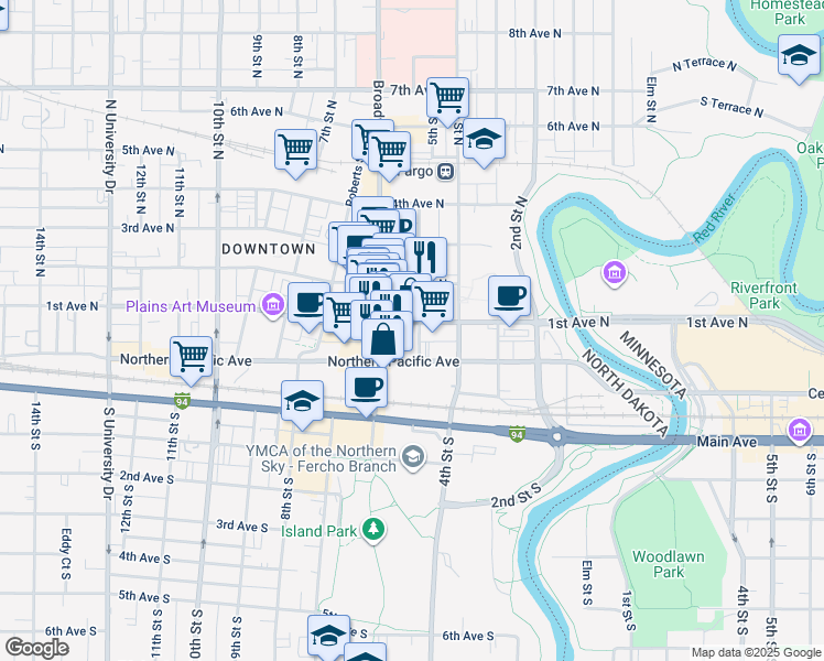 map of restaurants, bars, coffee shops, grocery stores, and more near 77-83 5th St N in Fargo