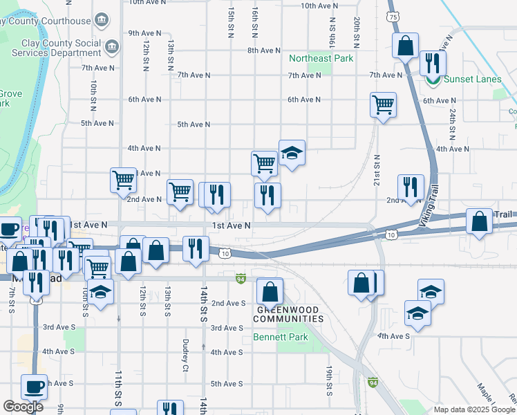 map of restaurants, bars, coffee shops, grocery stores, and more near 125 16th Street North in Moorhead