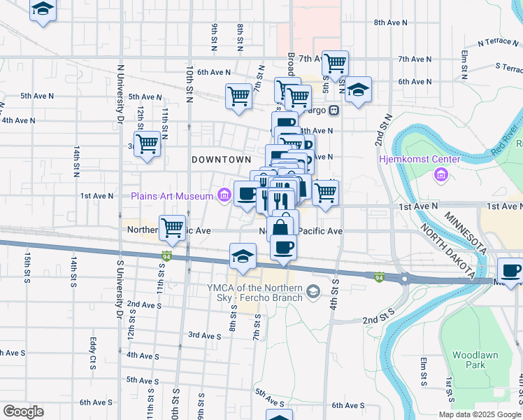 map of restaurants, bars, coffee shops, grocery stores, and more near 630 1st Avenue North in Fargo