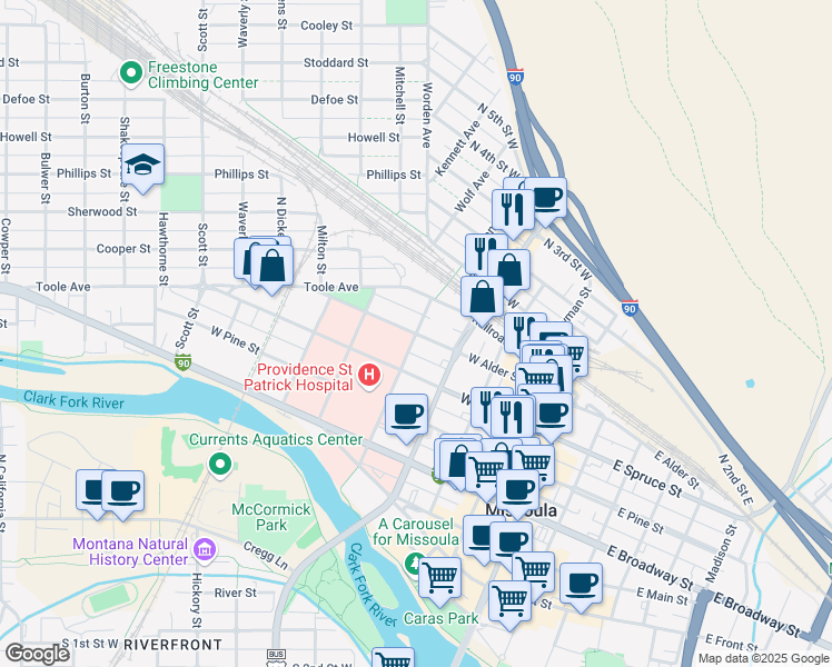 map of restaurants, bars, coffee shops, grocery stores, and more near 501 West Alder Street in Missoula