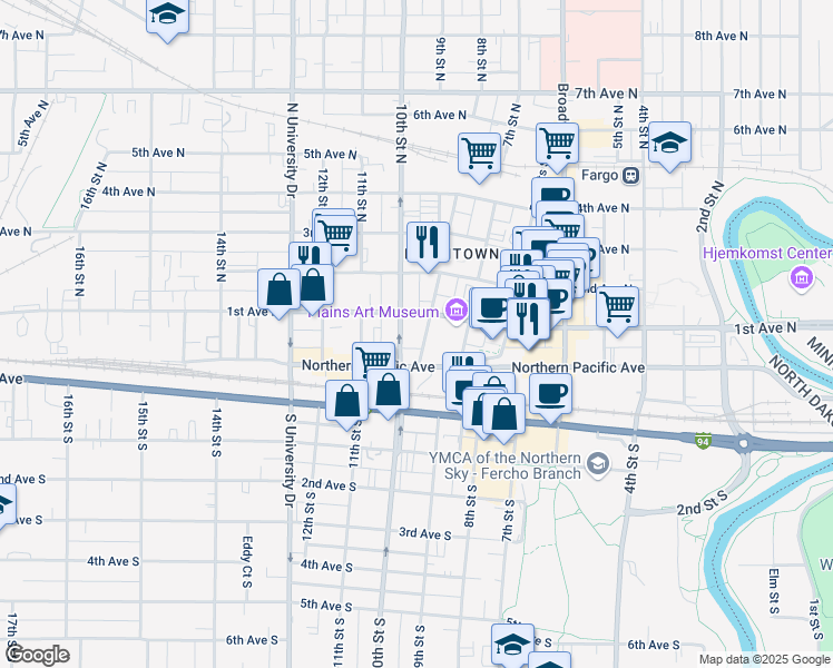map of restaurants, bars, coffee shops, grocery stores, and more near 24 8th Street North in Fargo