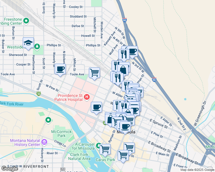 map of restaurants, bars, coffee shops, grocery stores, and more near 412 West Alder Street in Missoula