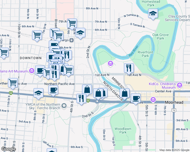 map of restaurants, bars, coffee shops, grocery stores, and more near 121 1st Avenue North in Fargo