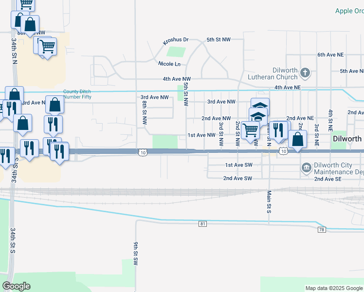 map of restaurants, bars, coffee shops, grocery stores, and more near 2 5th Street Northwest in Dilworth