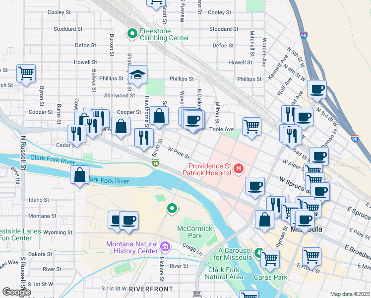map of restaurants, bars, coffee shops, grocery stores, and more near 810 West Pine Street in Missoula