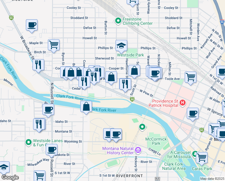 map of restaurants, bars, coffee shops, grocery stores, and more near 1200 Cedar Street in Missoula