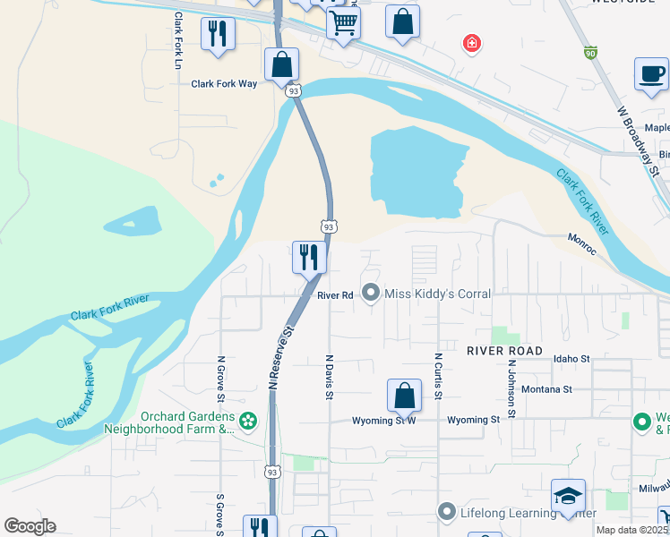 map of restaurants, bars, coffee shops, grocery stores, and more near 2348 River Road in Missoula