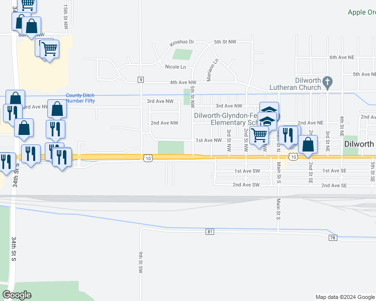 map of restaurants, bars, coffee shops, grocery stores, and more near 2 5th Street Northwest in Dilworth