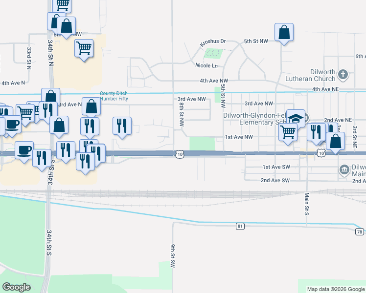 map of restaurants, bars, coffee shops, grocery stores, and more near 844 Center Avenue West in Dilworth
