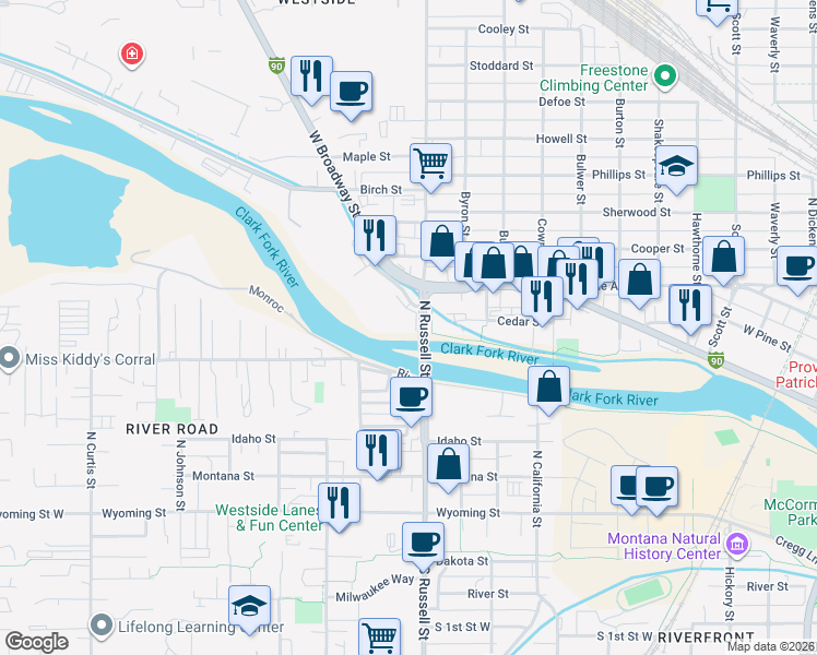 map of restaurants, bars, coffee shops, grocery stores, and more near 1535 Liberty Lane in Missoula