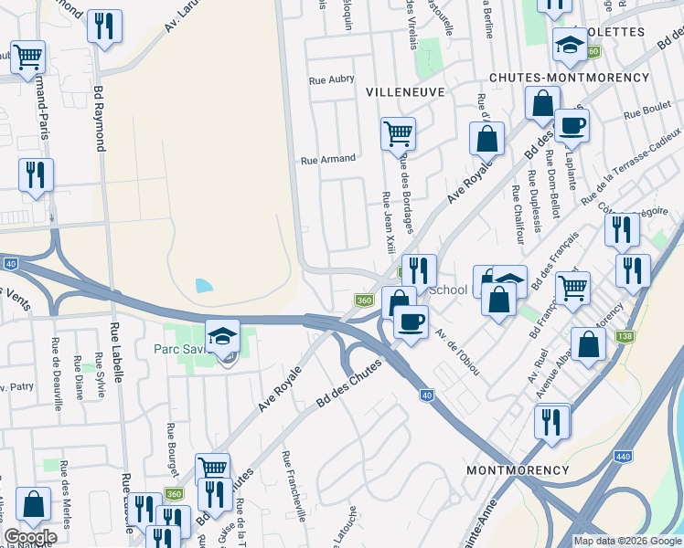 map of restaurants, bars, coffee shops, grocery stores, and more near 3160 Boulevard Louis-XIV in Québec