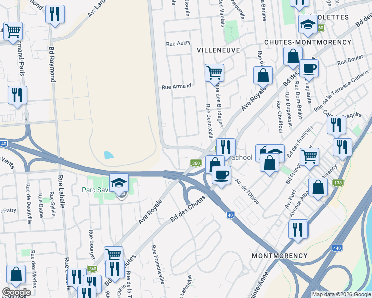 map of restaurants, bars, coffee shops, grocery stores, and more near 3162 Boulevard Louis-XIV in Québec