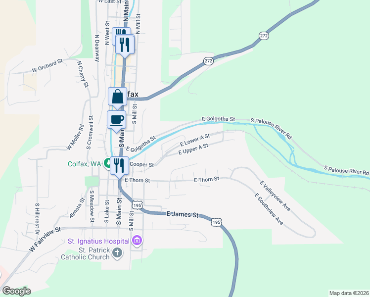 map of restaurants, bars, coffee shops, grocery stores, and more near 405 East Upper A Street in Colfax