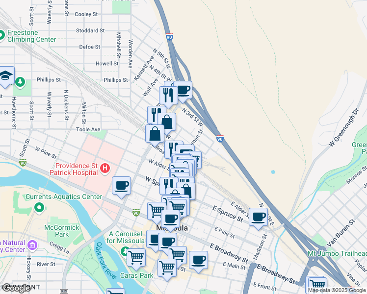 map of restaurants, bars, coffee shops, grocery stores, and more near 210 North 1st Street West in Missoula