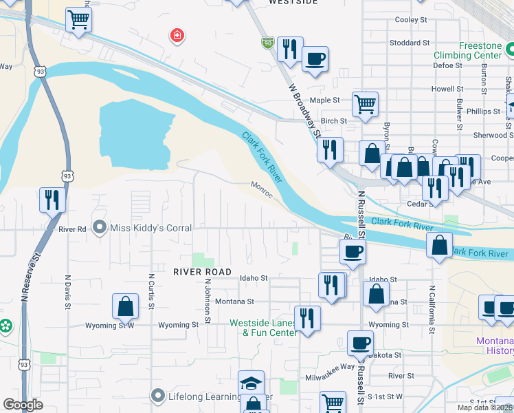 map of restaurants, bars, coffee shops, grocery stores, and more near 1824 River Rd in Missoula