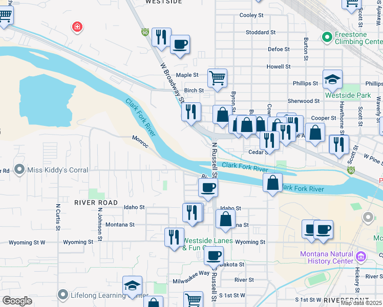 map of restaurants, bars, coffee shops, grocery stores, and more near Monroc in Missoula