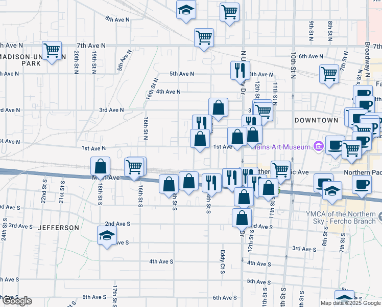 map of restaurants, bars, coffee shops, grocery stores, and more near 12 14 1/2 St N in Fargo
