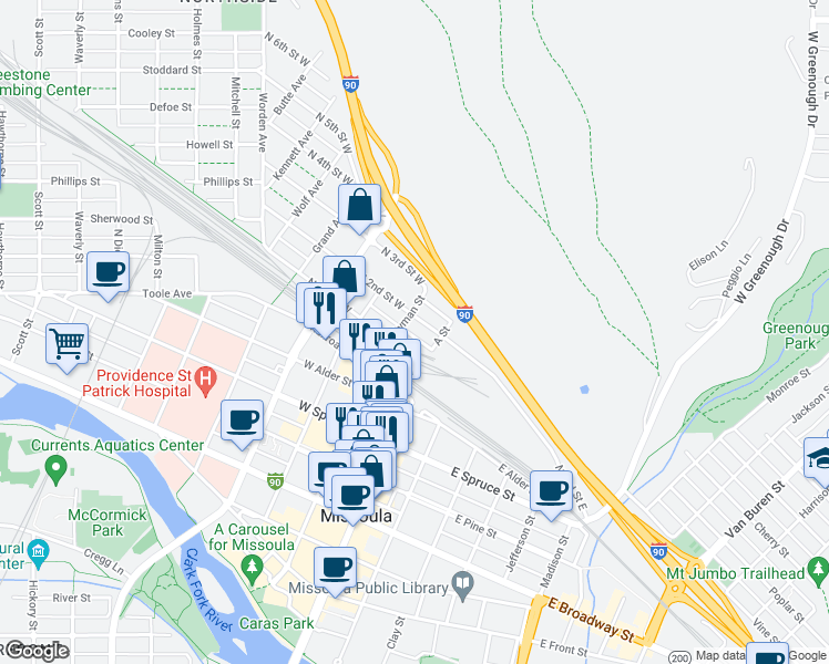 map of restaurants, bars, coffee shops, grocery stores, and more near 801 Ryman Street in Missoula