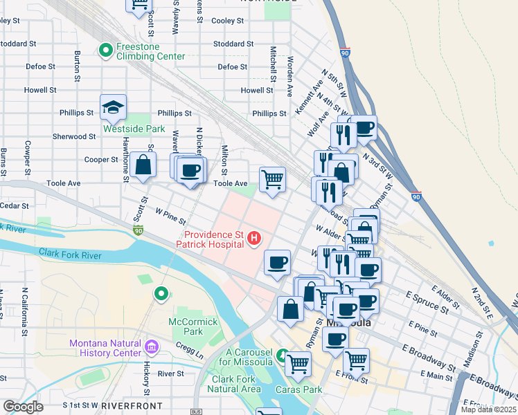 map of restaurants, bars, coffee shops, grocery stores, and more near 520 West Spruce Street in Missoula