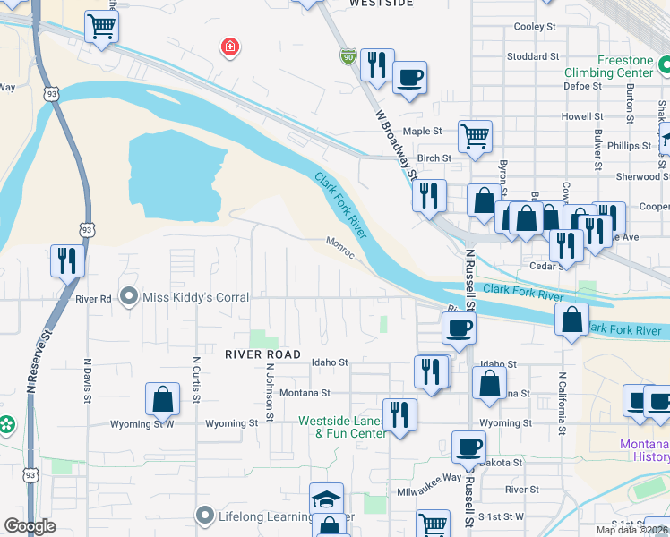 map of restaurants, bars, coffee shops, grocery stores, and more near 1824 River Rd in Missoula