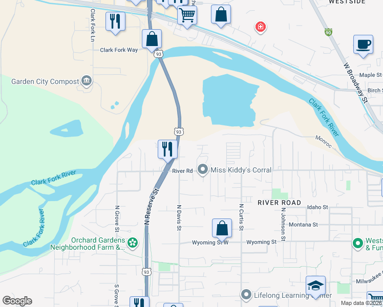 map of restaurants, bars, coffee shops, grocery stores, and more near 2348 River Road in Missoula