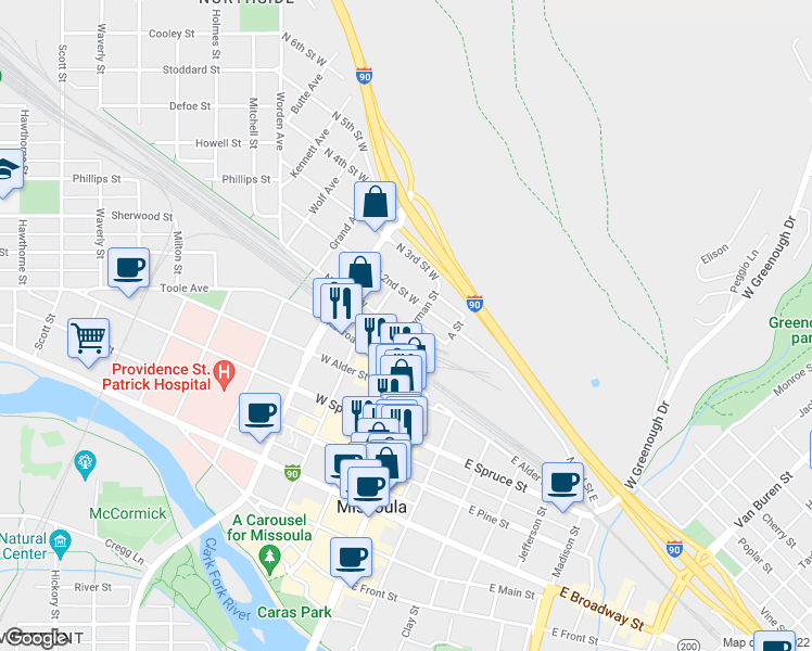 map of restaurants, bars, coffee shops, grocery stores, and more near 801 Ryman Street in Missoula
