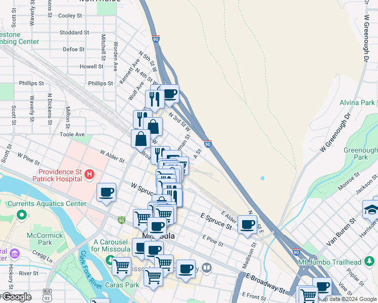 map of restaurants, bars, coffee shops, grocery stores, and more near 825 A Street in Missoula