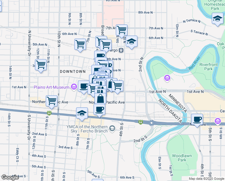 map of restaurants, bars, coffee shops, grocery stores, and more near 77 5th Street North in Fargo