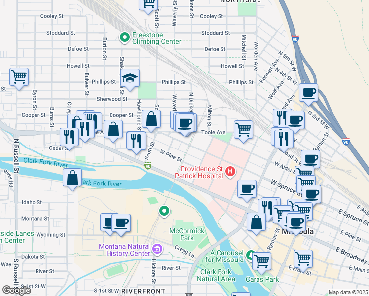 map of restaurants, bars, coffee shops, grocery stores, and more near 810 West Pine Street in Missoula