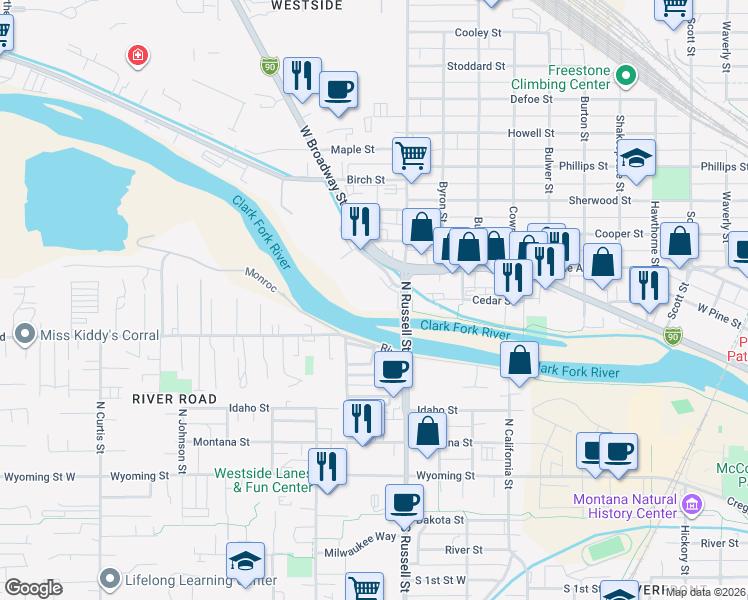 map of restaurants, bars, coffee shops, grocery stores, and more near 1515 Liberty Lane in Missoula