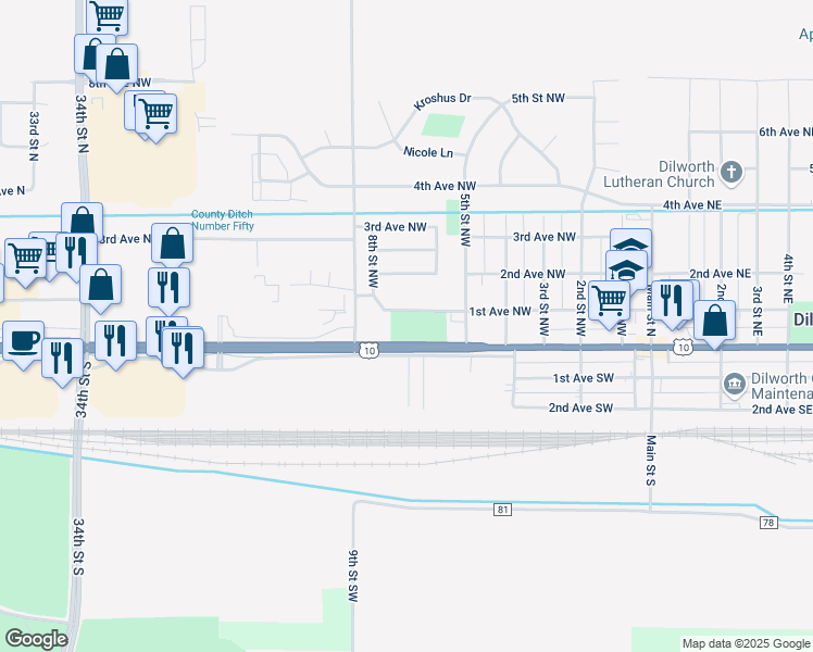 map of restaurants, bars, coffee shops, grocery stores, and more near in Dilworth
