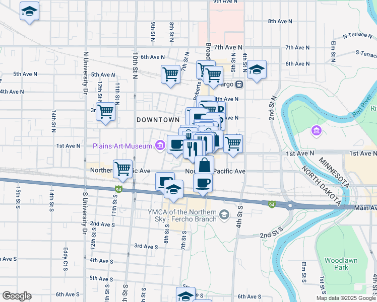 map of restaurants, bars, coffee shops, grocery stores, and more near 633 1st Avenue North in Fargo