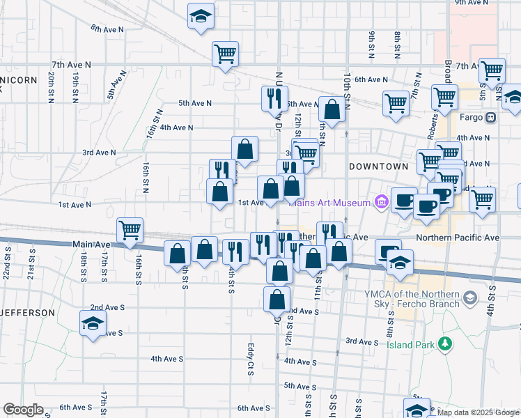 map of restaurants, bars, coffee shops, grocery stores, and more near 1-99 13 1/2 Street North in Fargo