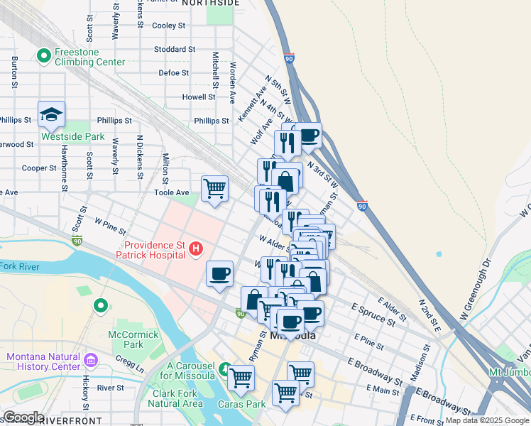 map of restaurants, bars, coffee shops, grocery stores, and more near North Orange Street in Missoula
