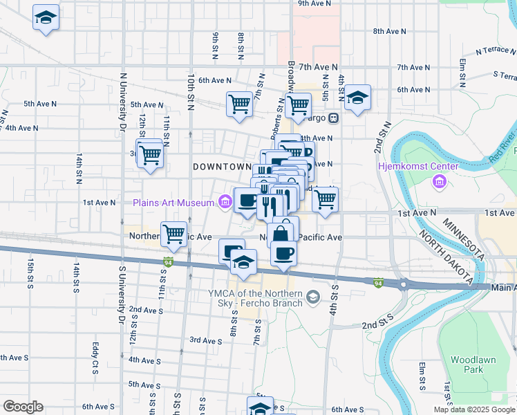 map of restaurants, bars, coffee shops, grocery stores, and more near in Fargo