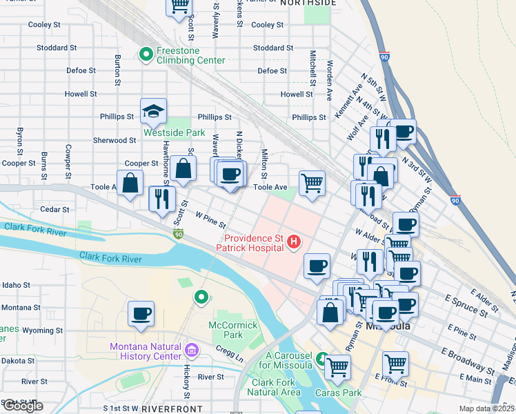 map of restaurants, bars, coffee shops, grocery stores, and more near 712 West Spruce Street in Missoula
