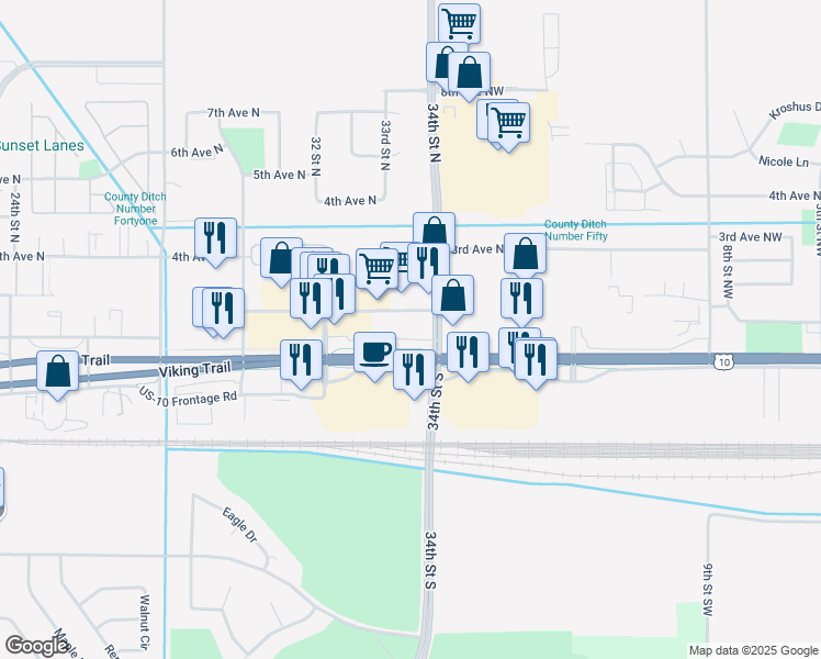 map of restaurants, bars, coffee shops, grocery stores, and more near 101-299 34th Street North in Moorhead