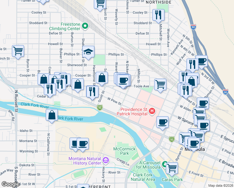map of restaurants, bars, coffee shops, grocery stores, and more near 934 Toole Avenue in Missoula