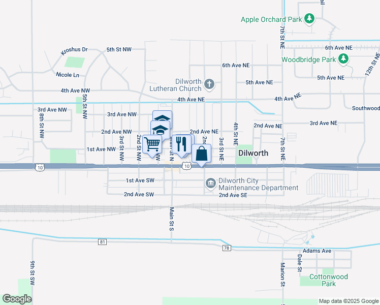 map of restaurants, bars, coffee shops, grocery stores, and more near 106 1st Street Northeast in Dilworth